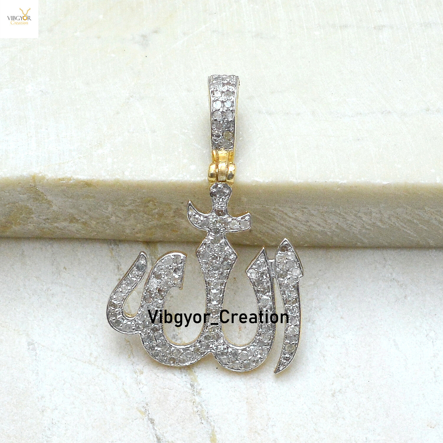 Pave Diamond Allah Charm Pendant Gold Plated 925 Sterling Silver Religious Gift