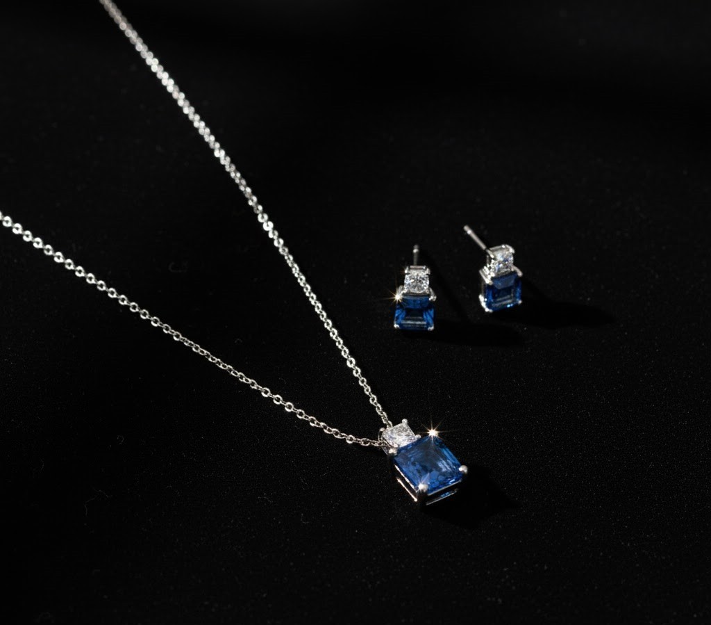 Lab Created Blue Sapphire Pendant Earring Set Everyday Wear 14k White GoldFinish