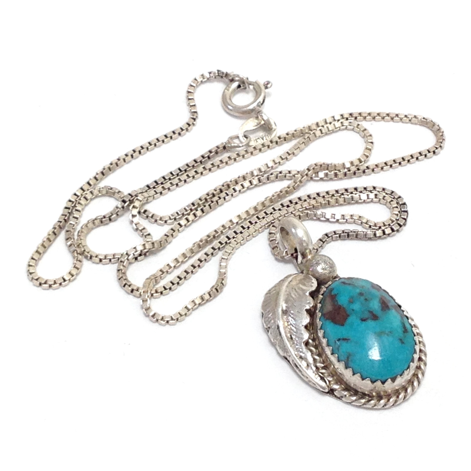 Hallmark Signed 925 Sterling Silver Turquoise Leaf Pendant Necklace 19” Jewelry