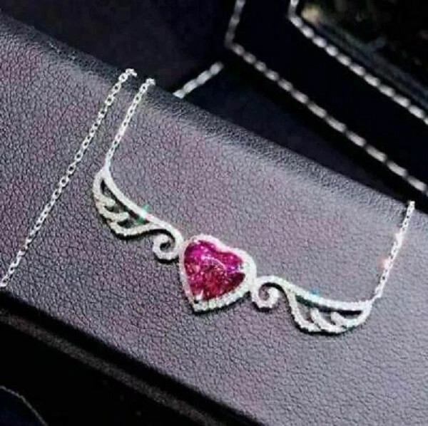 2Ct Heart Shape Ruby Women’s Angel Wing Pendant 14K White Gold Finish Free Chai