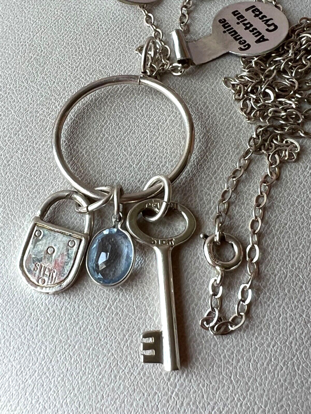 KEY, LOCK, BLUE CRYSTAL LARIAT PENDANT NECKLACE LONG CHAIN 925 STERLING SILVER