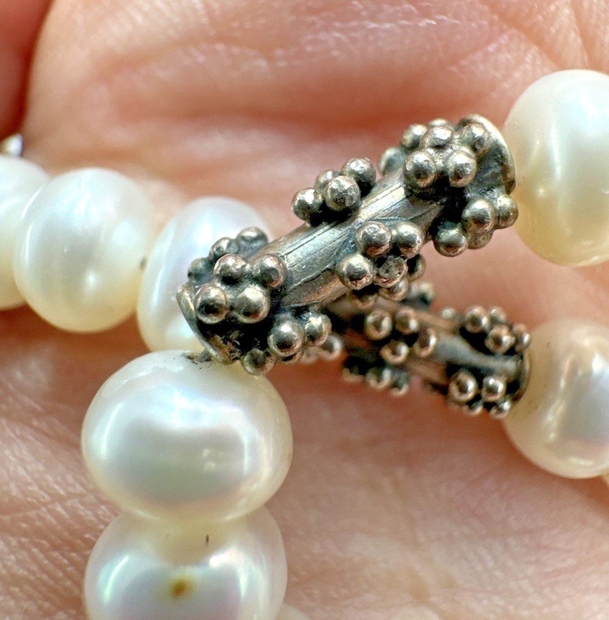 Sterling Silver Pearl Brutalist Caviar Popcorn Bead Station Necklace 16″ 28.6g
