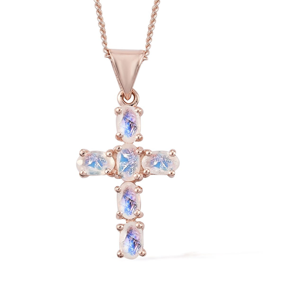 Rainbow Moonstone Cross Pendant Necklace in 925 Sterling Silver June Birthstone