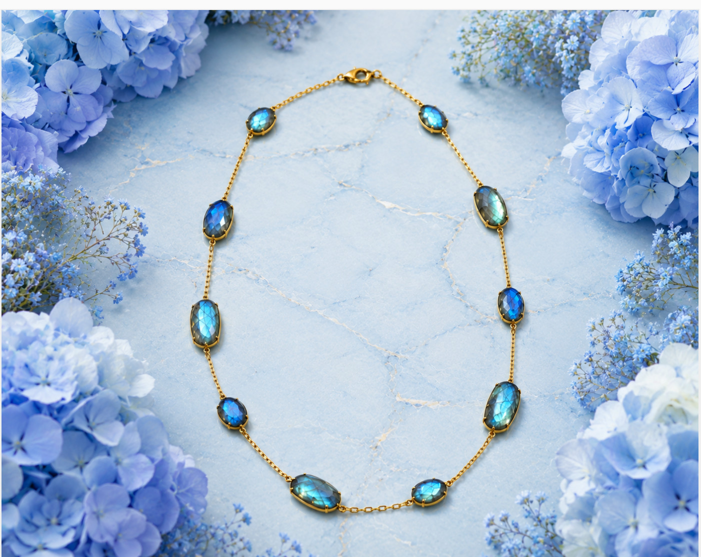 RARITIES Carol Brodie Labradorite Station Necklace 18″ Gold Vermeil NIB Card