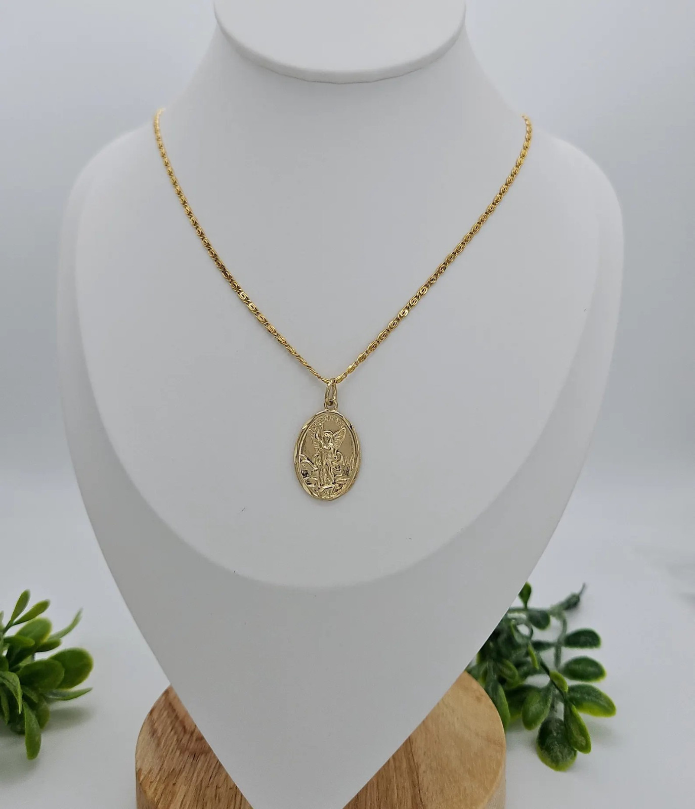 Gold Oval Saint Michael Pendant, 14k Heavy Plated Necklace