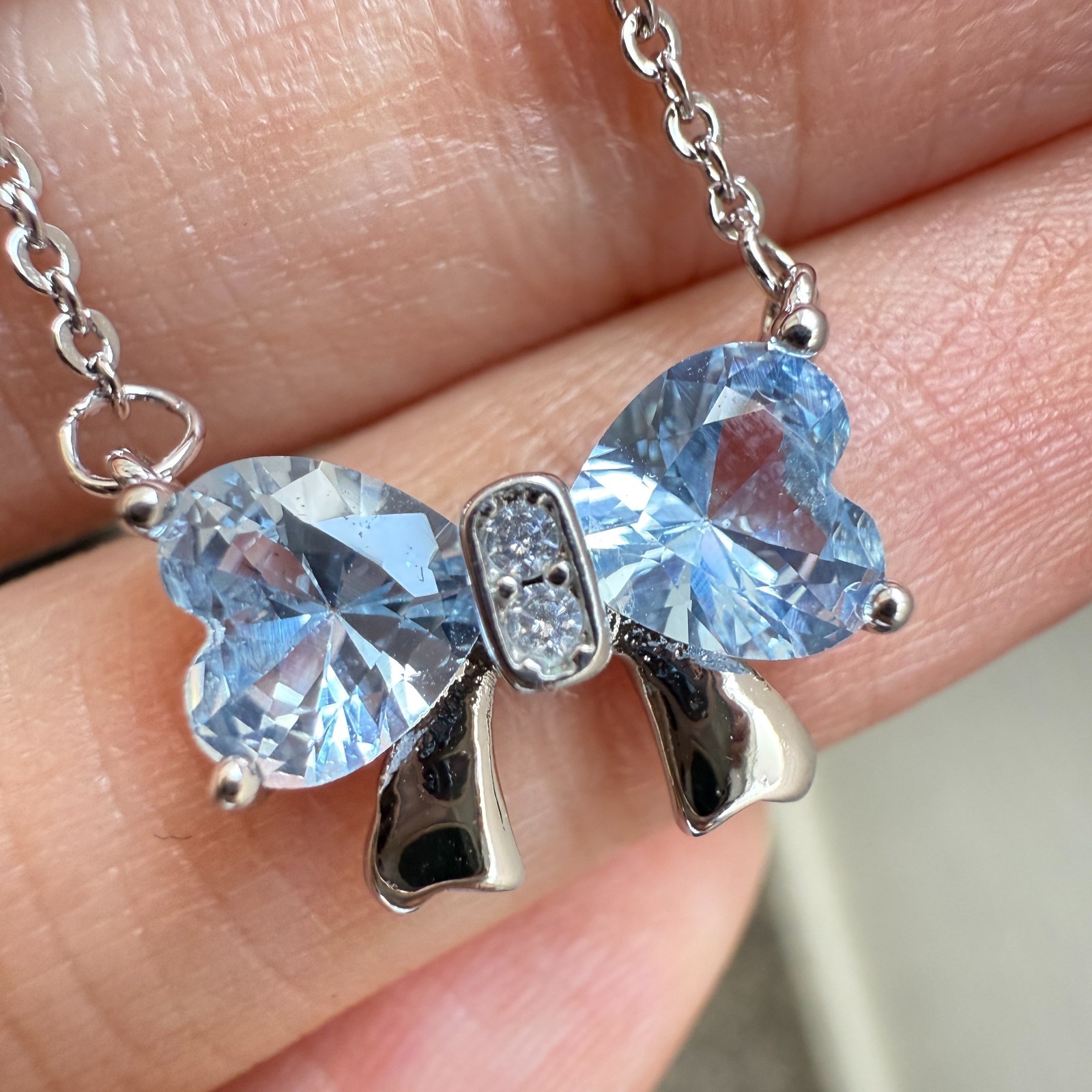 925 Sterling Silver Necklace 6mm Heart Natural Topaz Gemstone Zircon Chain Bow