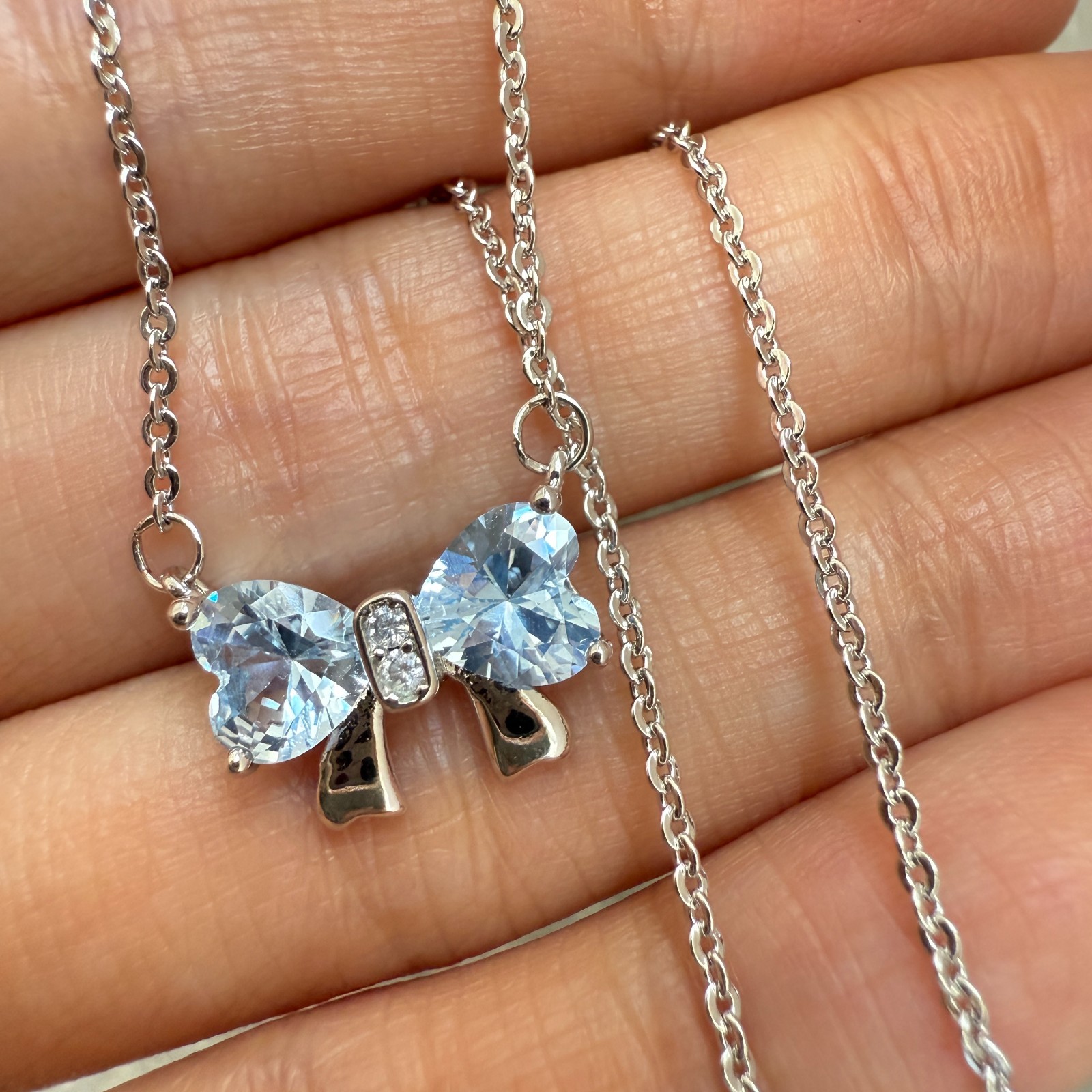 925 Sterling Silver Necklace 6mm Heart Natural Topaz Gemstone Zircon Chain Bow