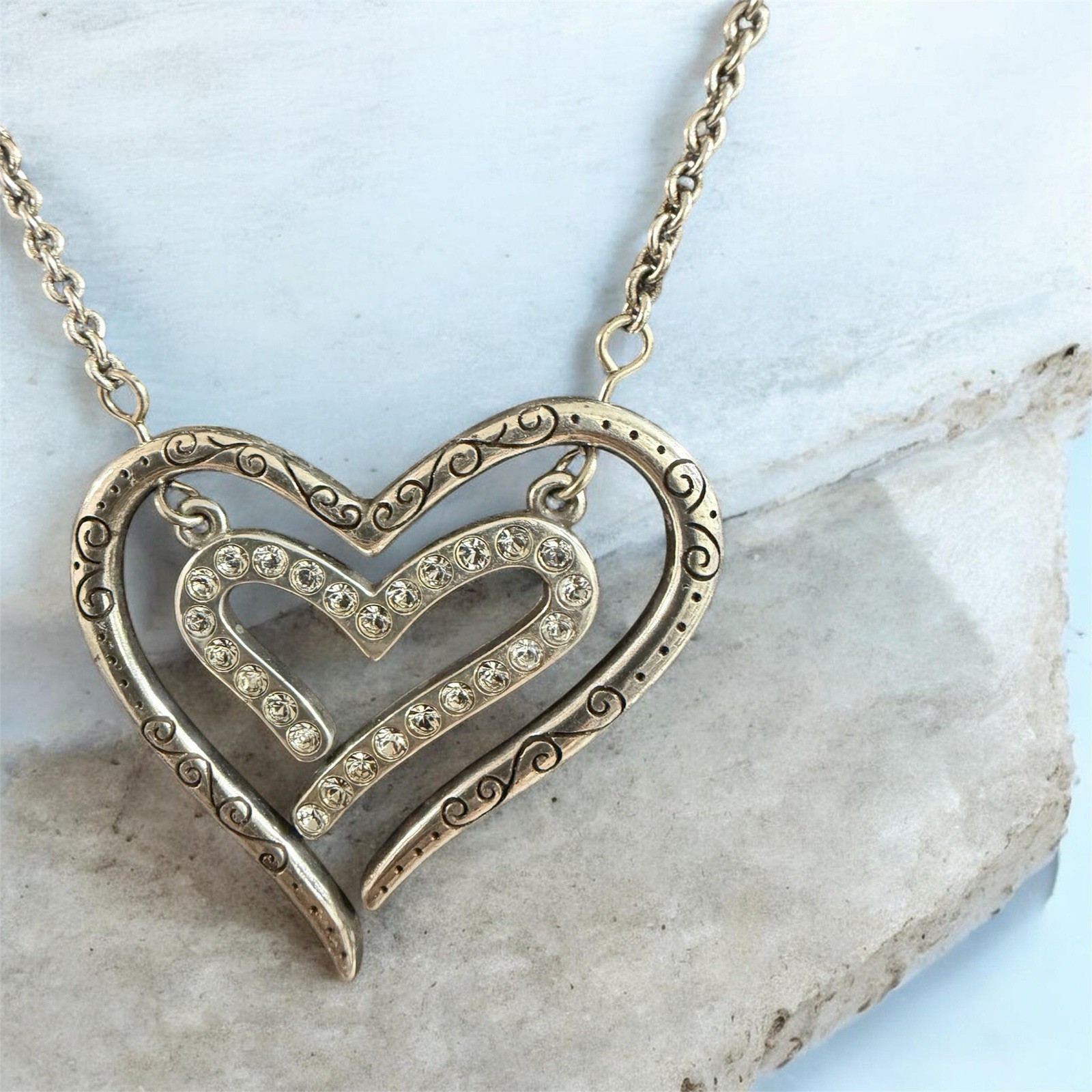 Brighton Retired Love Struck Reversible 3D Swing Double Heart Crystal Necklace