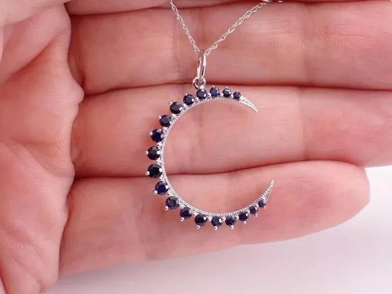 2Ct Lab Created Blue Sapphire Crescent Moon Pendant 14K White Gold Plated Silver