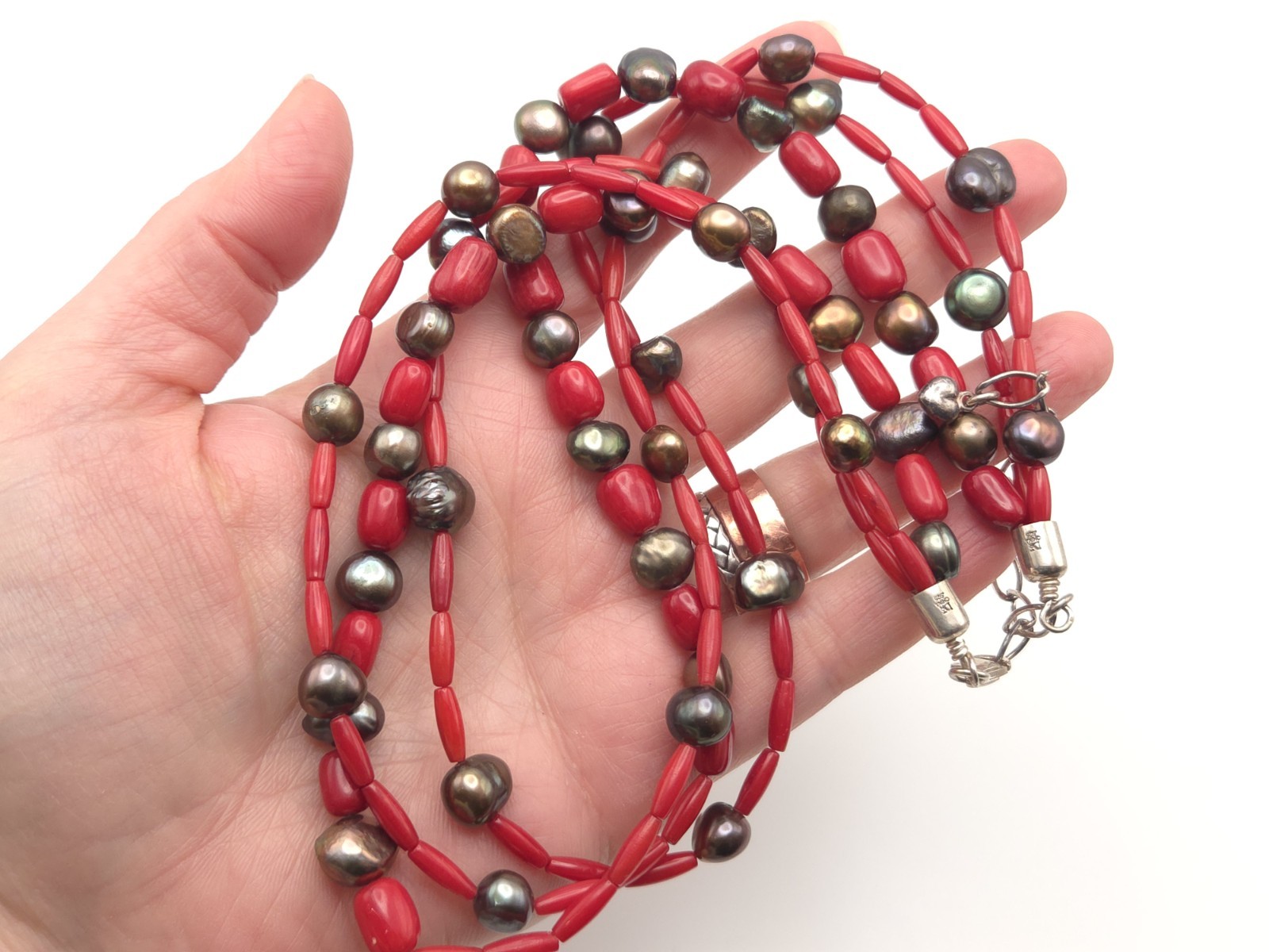 Desert Rose Trading Sterling Silver Black Baroque Pearl Red Coral Necklace