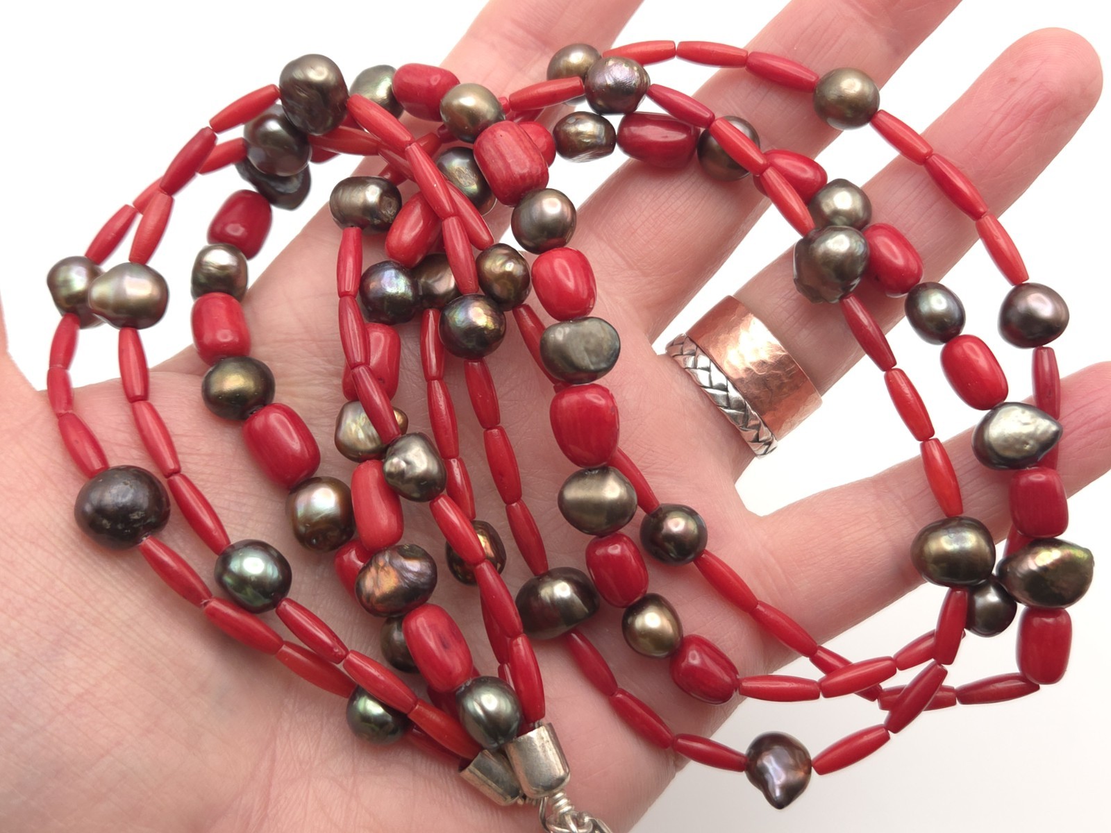 Desert Rose Trading Sterling Silver Black Baroque Pearl Red Coral Necklace