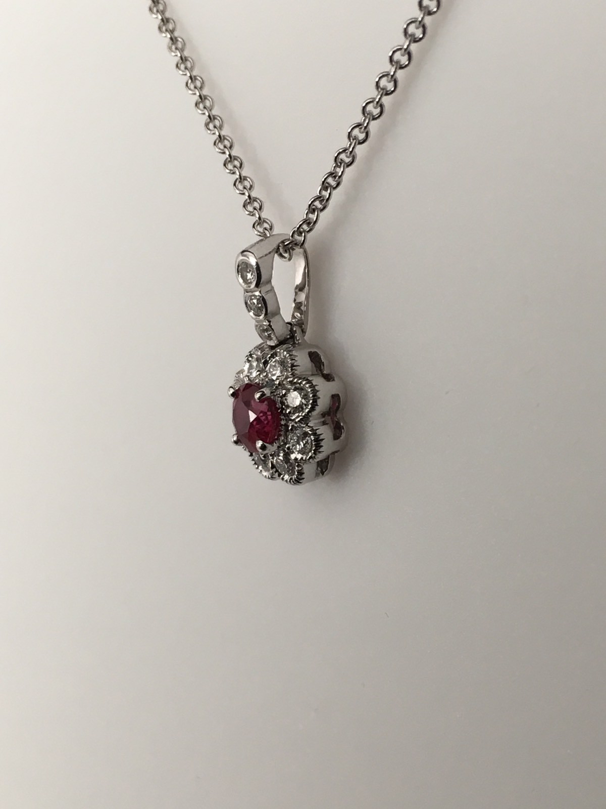 18K White Gold Cherry Red Ruby and 0.20ct Diamond Pendant with Chain Brand New