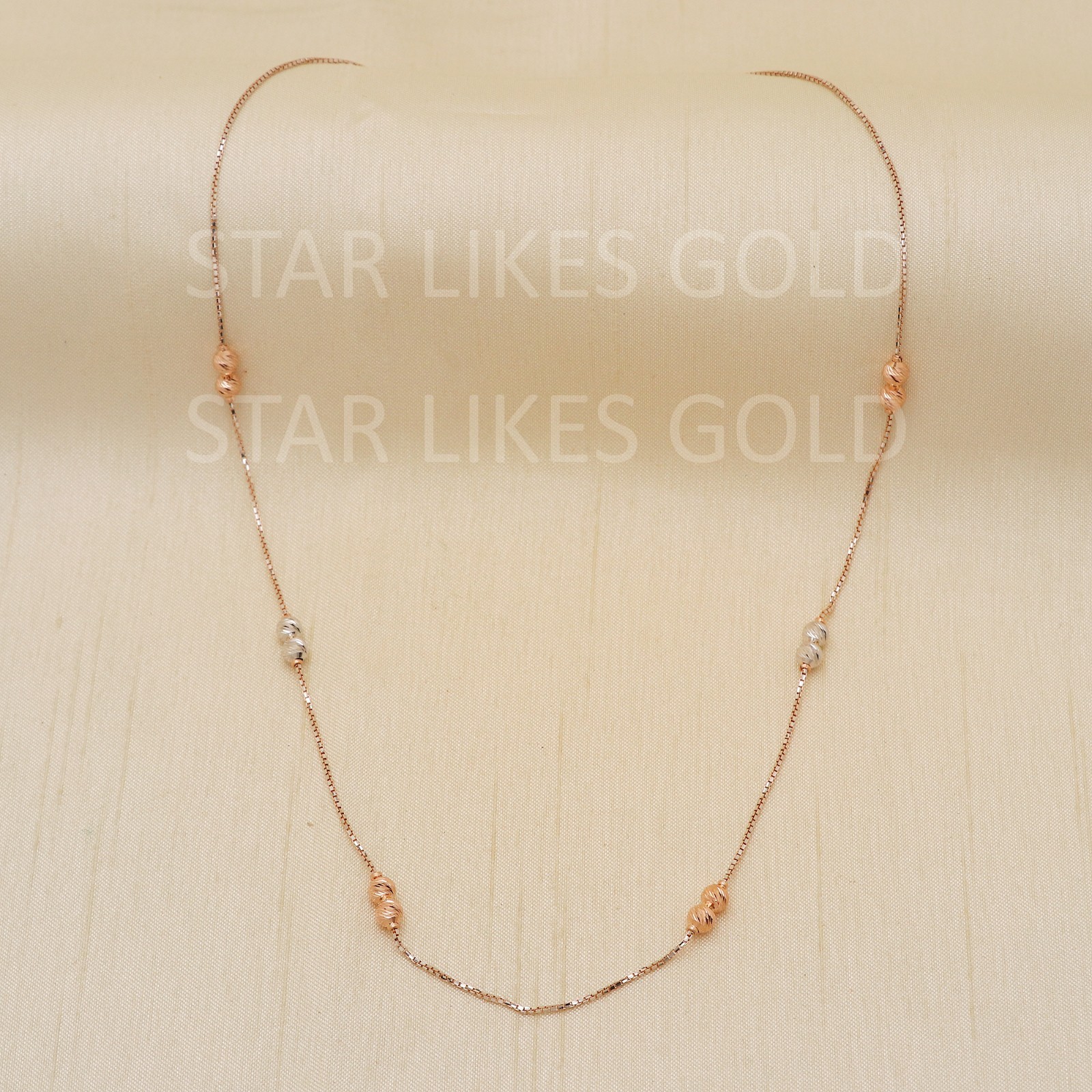 18K Rose Gold Station Bead Necklace 17.5″ 4.57g 3.5mm Dual Tone Box Chain 750
