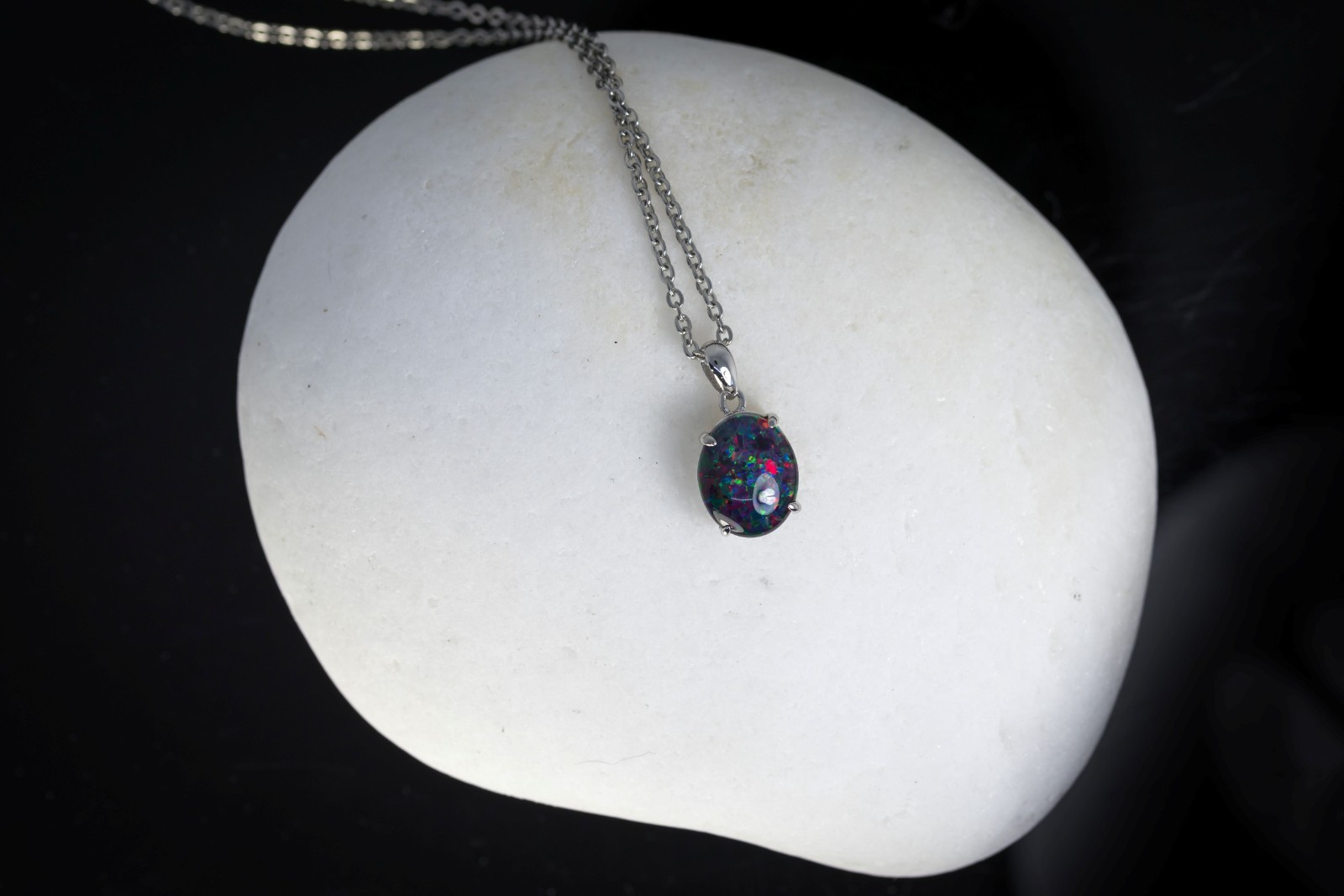 Simple Pinfire Australian Triplet Opal Necklace Pendant White Gold Plated Silver