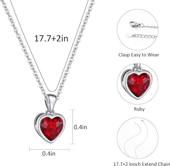 Sterling Silver Heart Necklace Red Green Blue Aquamarine Pendant Necklace for Wo