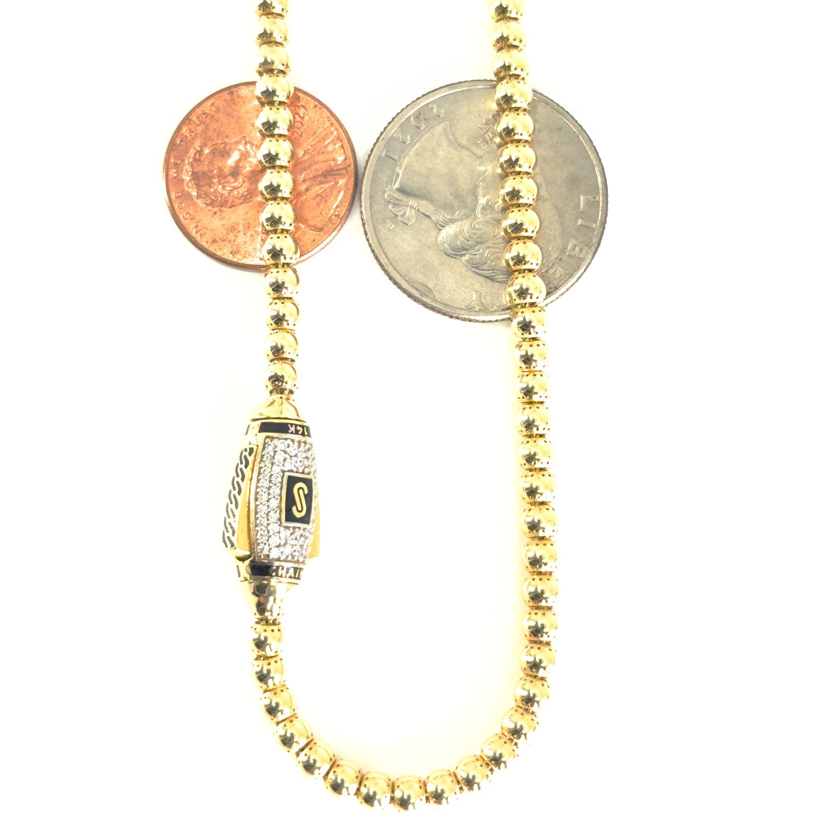 Monaco Chain BUB Pave Lock Necklace 14K Gold 3.8mm 22 inch Swarovski Mens