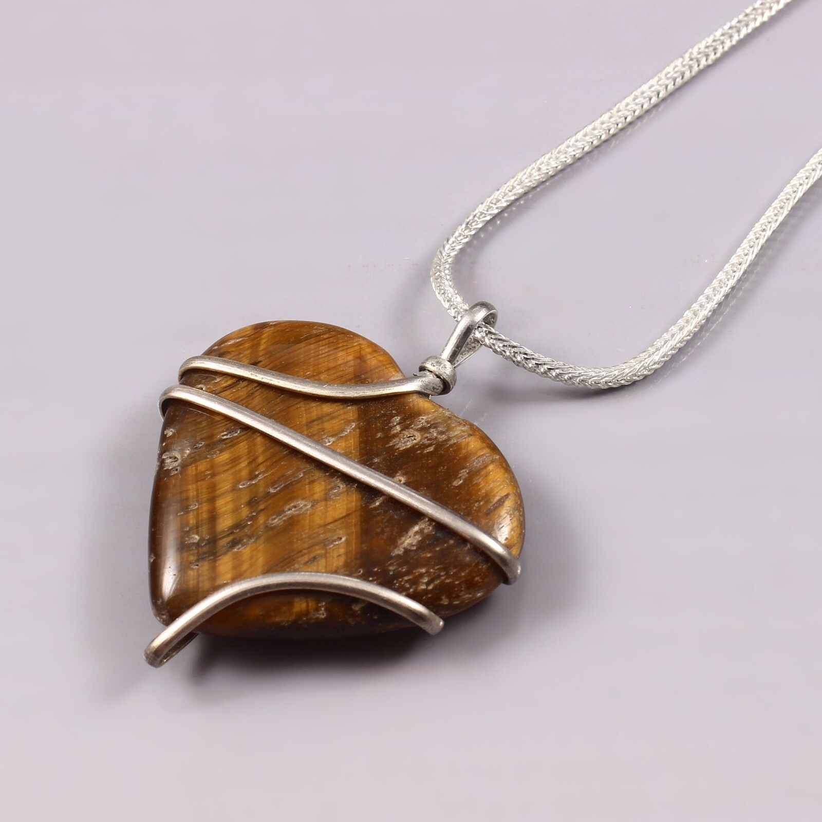 Handmade Wire Wrap Natural Heart Tiger Eye Gemstone Wrapped Pendant Gift Jewelry