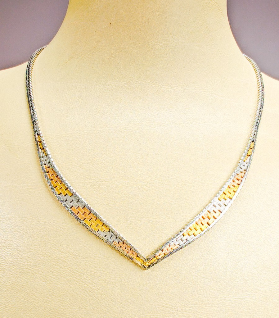 925 Italy Sterling Silver Tri Color Woven V Necklace 16″ Box Clasp 11.88g
