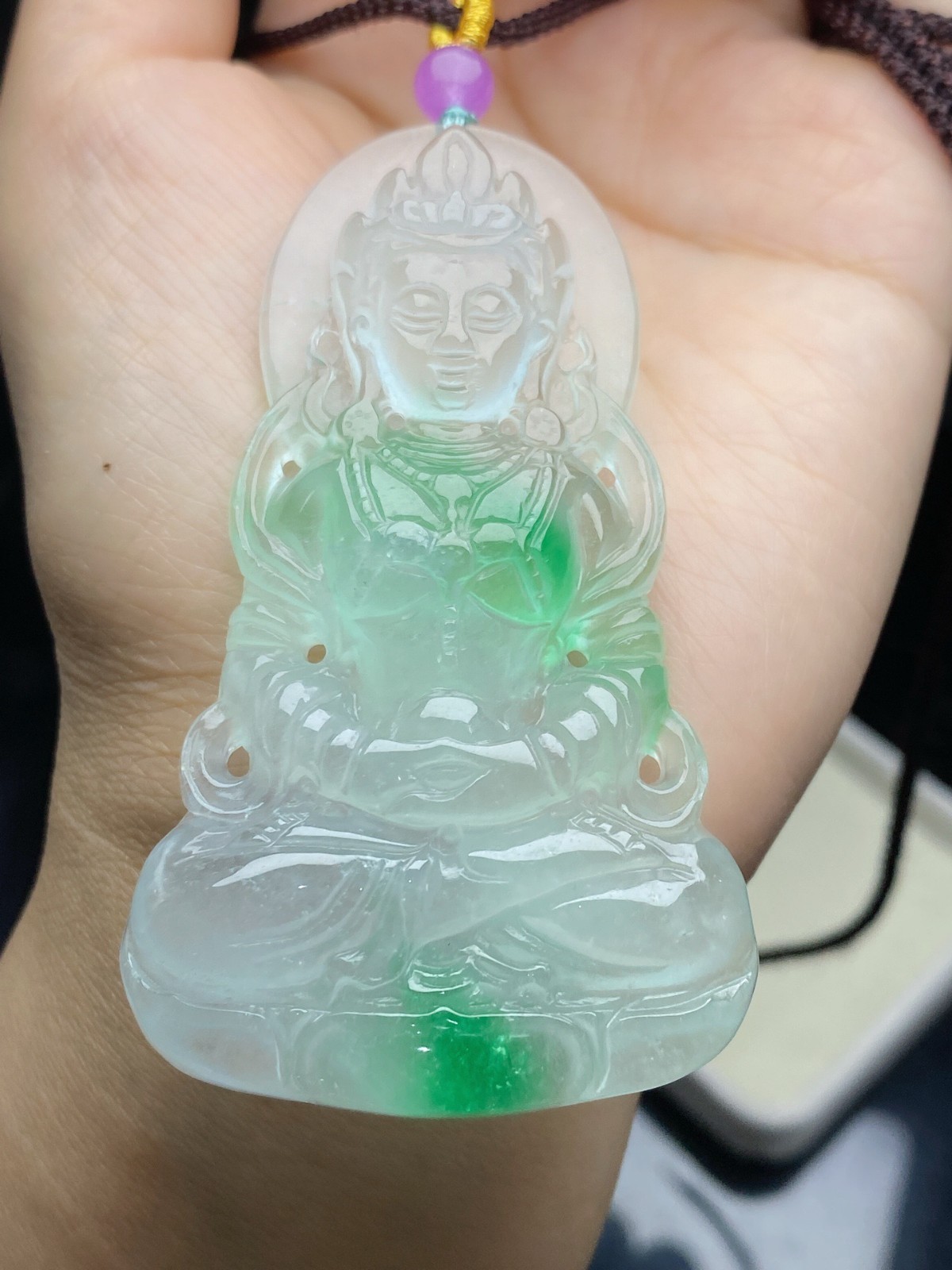 Natural Jadeite light green Carved Guanyin Lucky big Pendant jade Amulet 观音