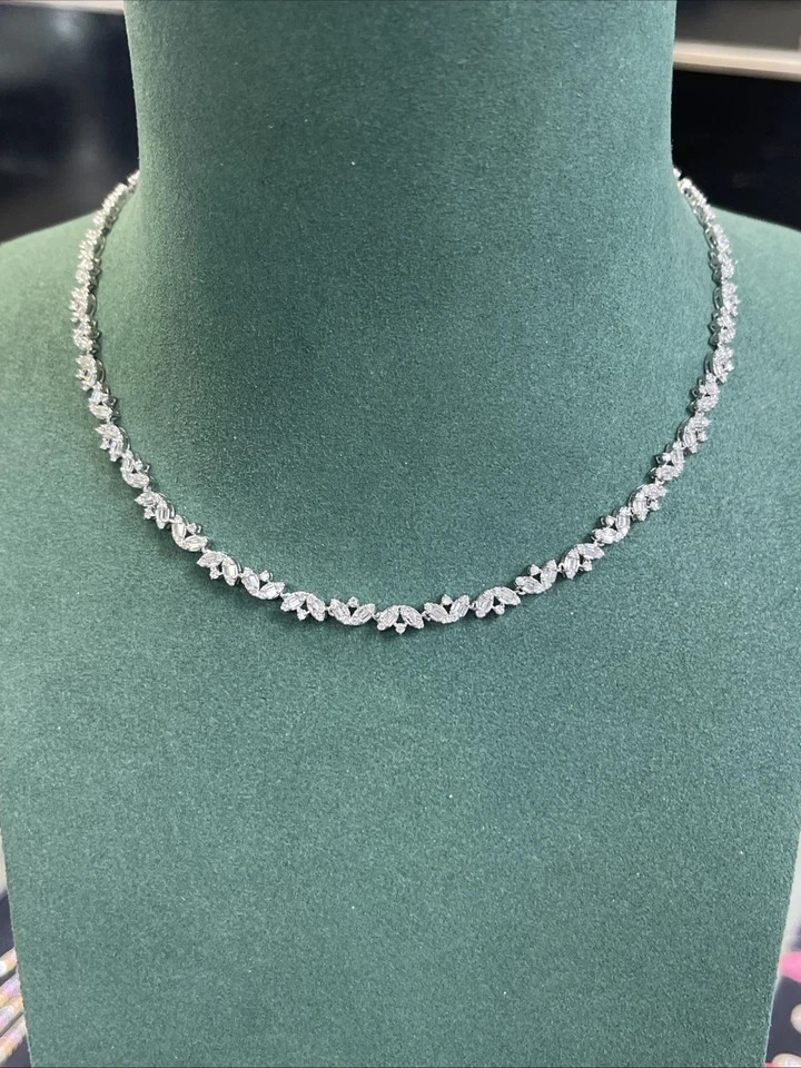14k Solid White Gold Baguette Natural Diamond Tennis Necklace For Engagement Day