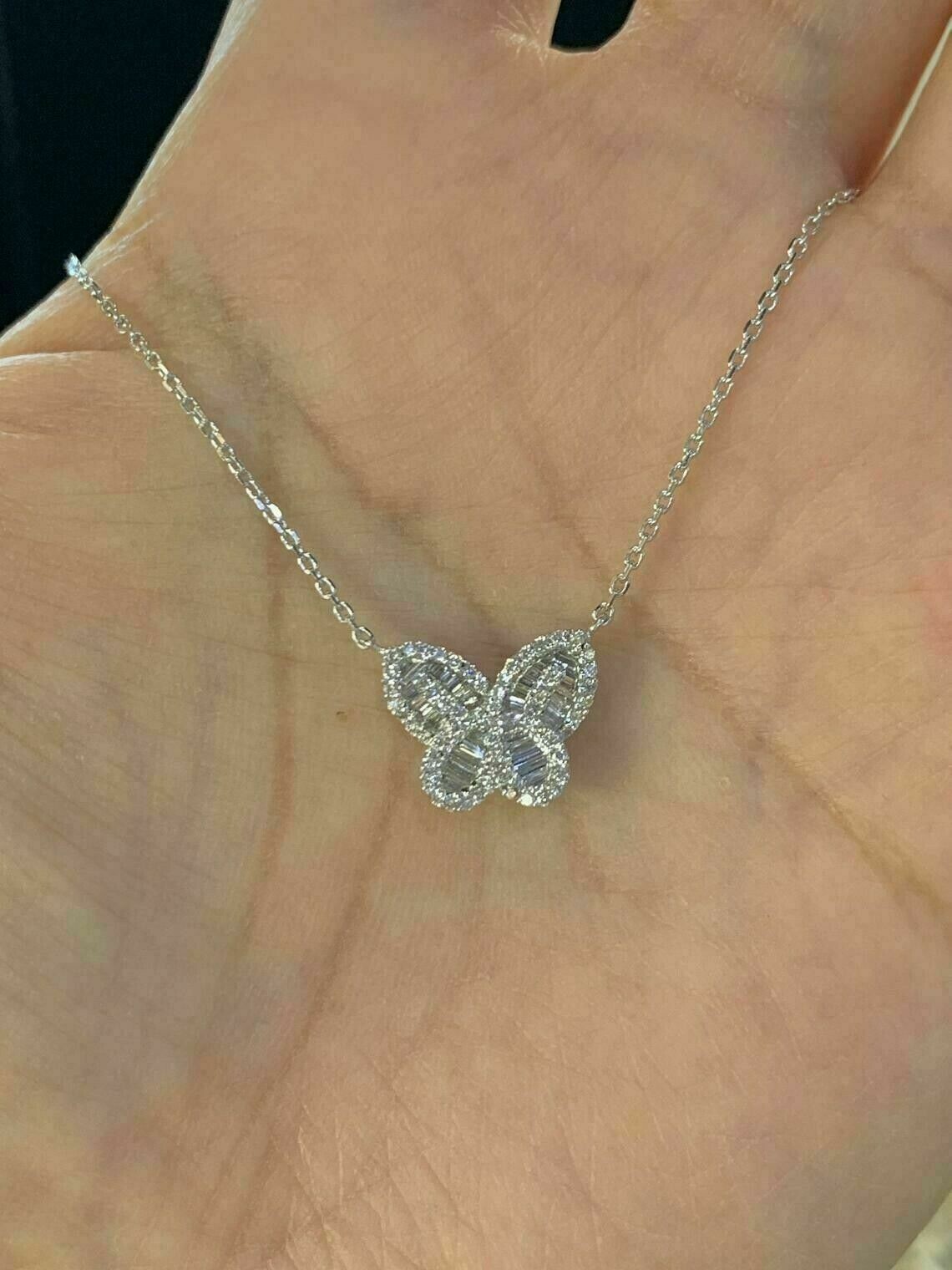 Pretty 2Ct Round Cut Diamond Butterfly Pendant 14K White Gold Finish Free Chain