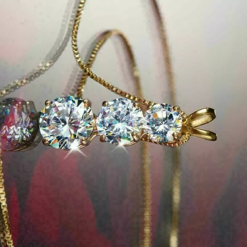 2.50Ct Diamond Round Cut 14K Yellow Gold Finish Three Stone Pendant Necklaces