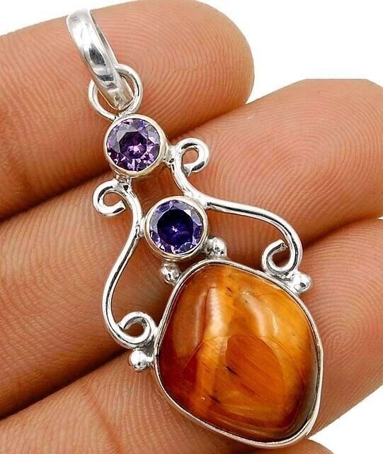 Natural Tiger’s Eye & Amethyst 925 Solid Sterling Silver Pendant Jewelry @B19-7