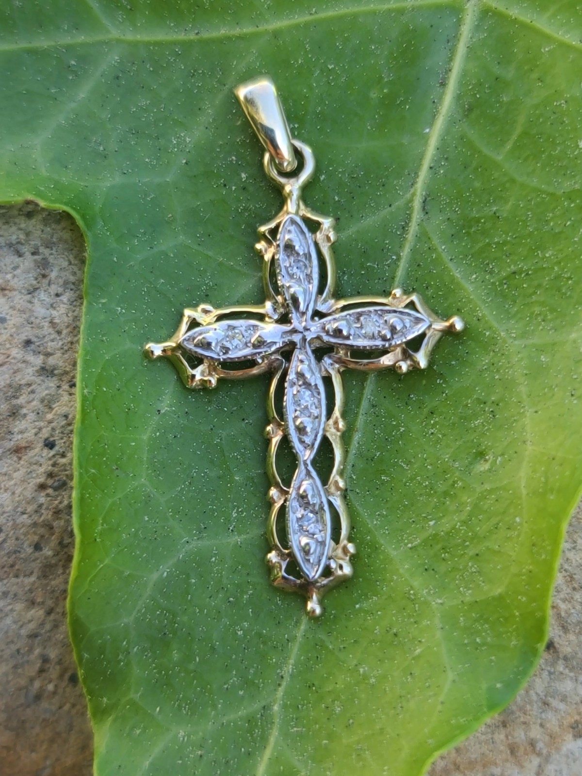 10k Solid Yellow & White Gold Diamond Cross Necklace Pendant 1.22″ Signed .99g