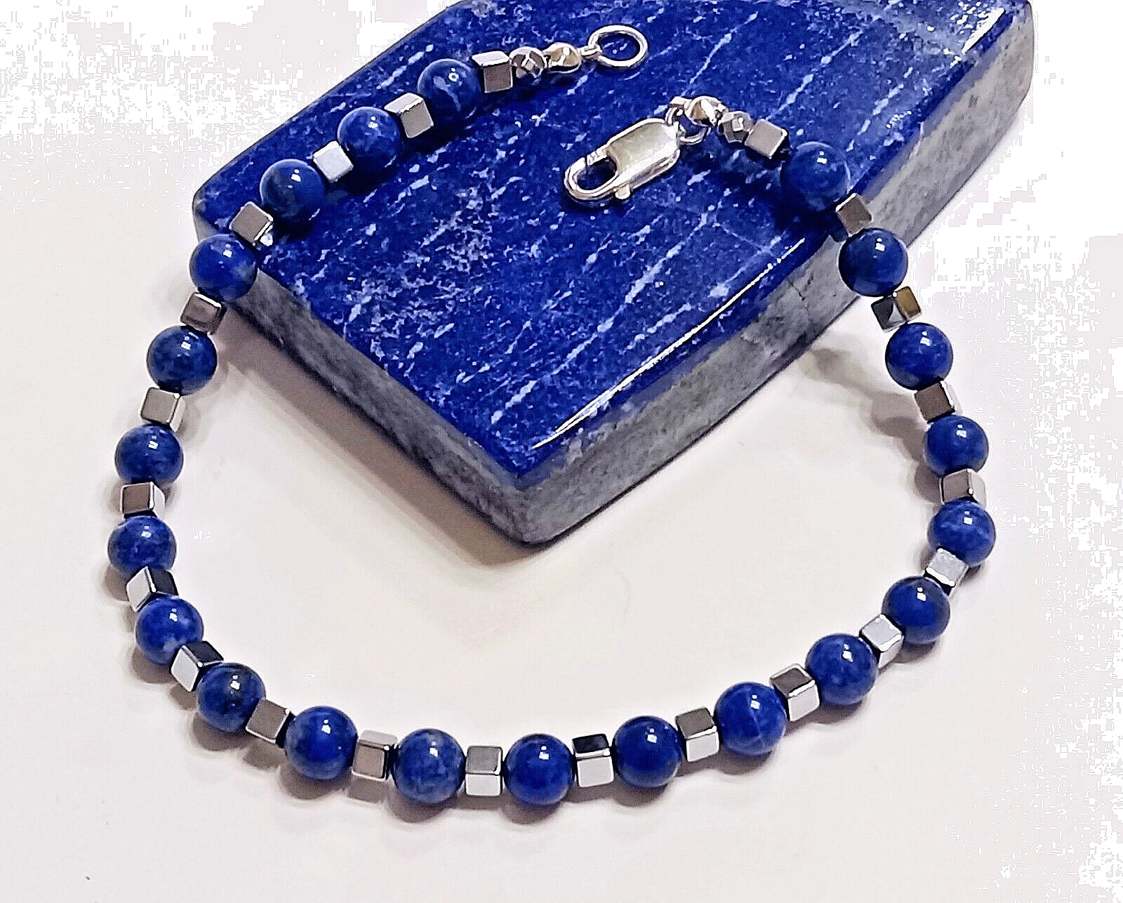 9″ MEN’S LAPIS BRACELET. Large Easy-to-Use Sterling Silver Lobster Claw Clasp.