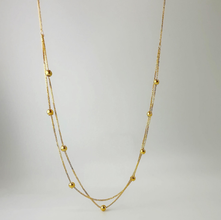 18K Real Gold Station Beads Dainty thin Necklace – Double Layer Size 17