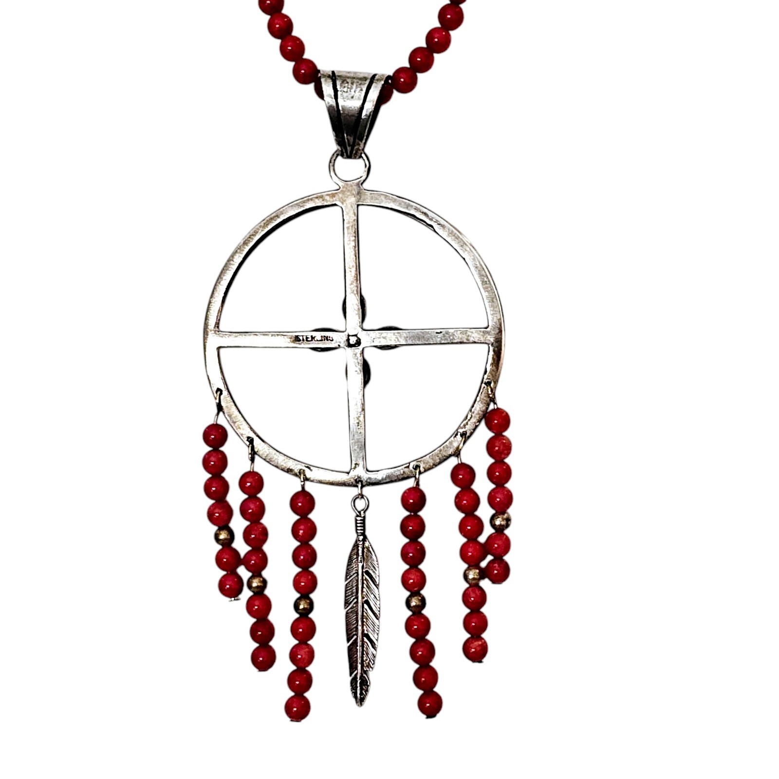 SOUTHWEST Necklace Dreamcatcher 925 Sterling Silver Coral Bead Chain Signed B