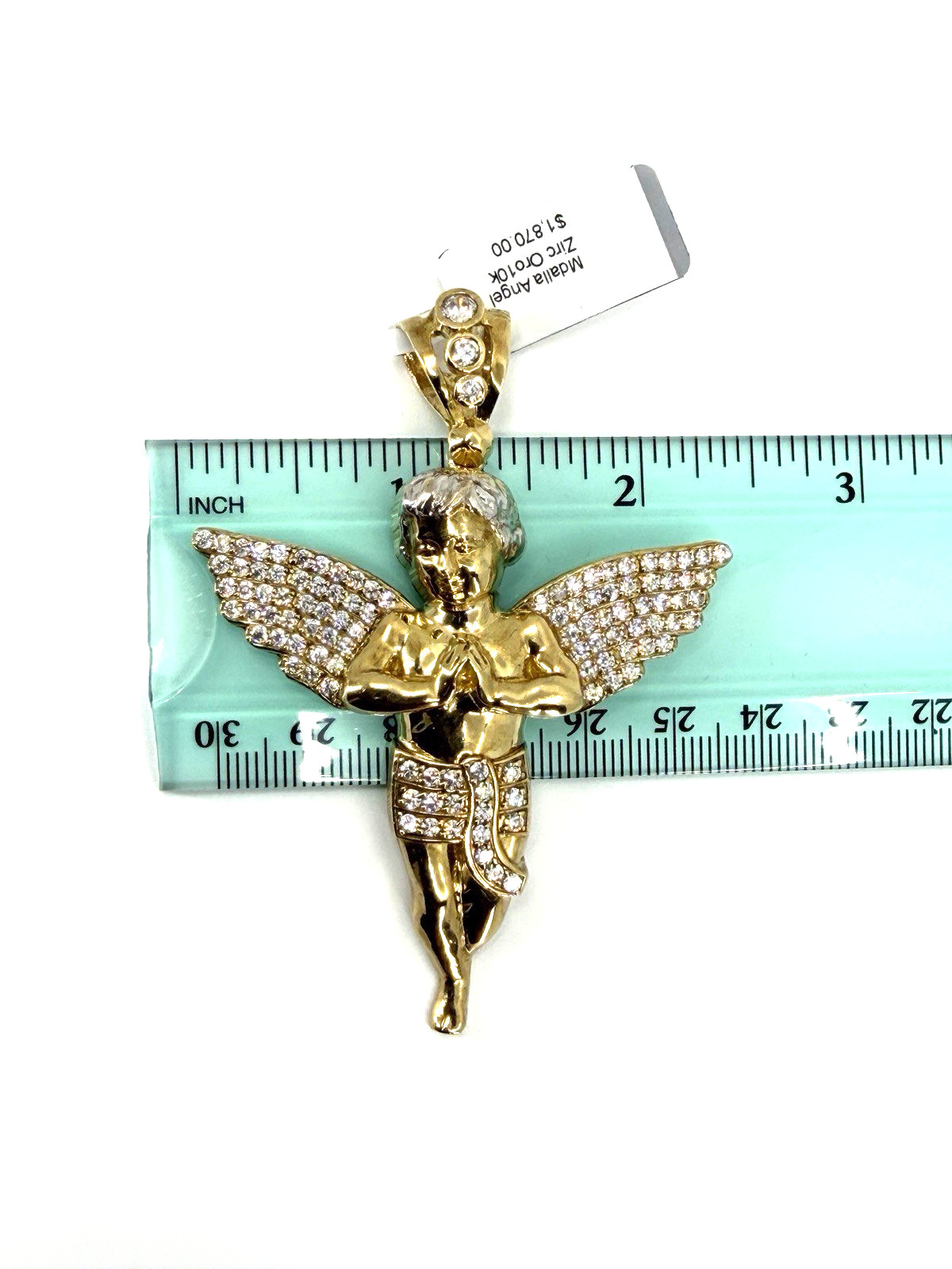 10K Solid Yellow Gold Iced Guardian Praying Angel Pendant CZ Italy