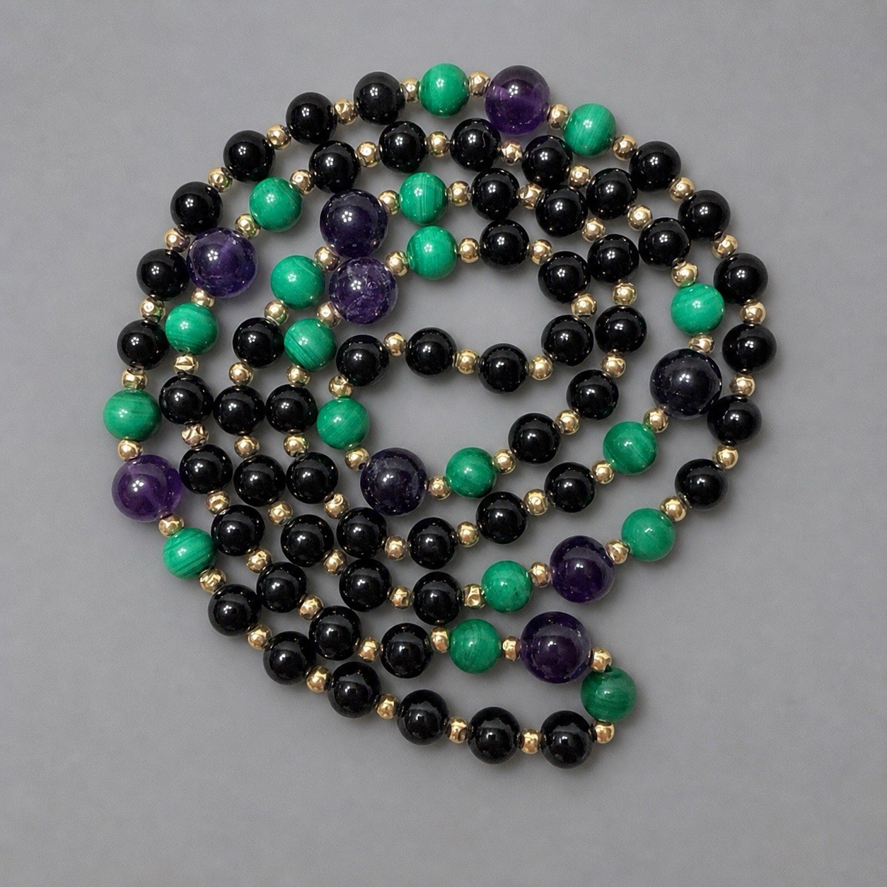 Yellow 80+ Gold Beads Spacer Black Onyx Amethyst Long Bead Necklace 26” 31g