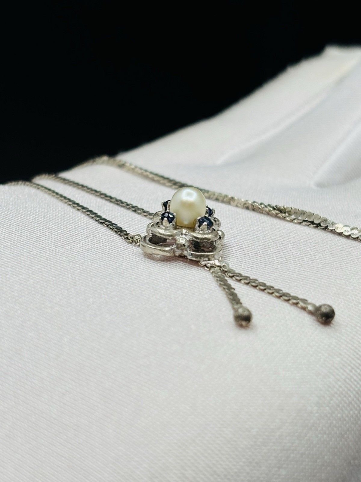 Vintage 835 German Silver Genuine Sapphire & Pearl Pendant Necklace 16.5”