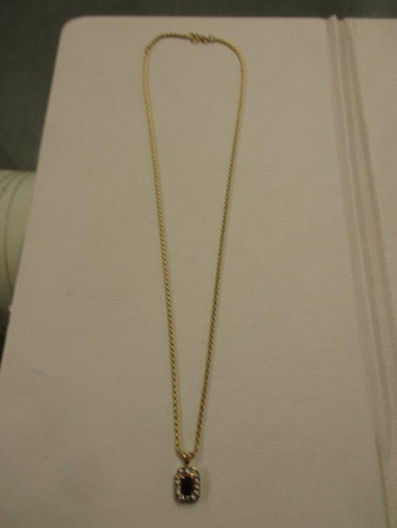 14k yellow gold sapphire and diamond pendant on 18″ 1 1/2 mm round chain