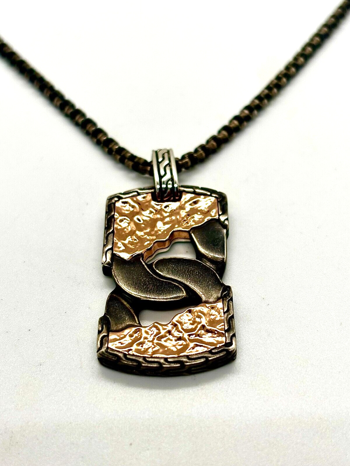 JOHN HARDY Classic Chain St. Silver & Bronze Box Chain Dog Tag Pendant #64