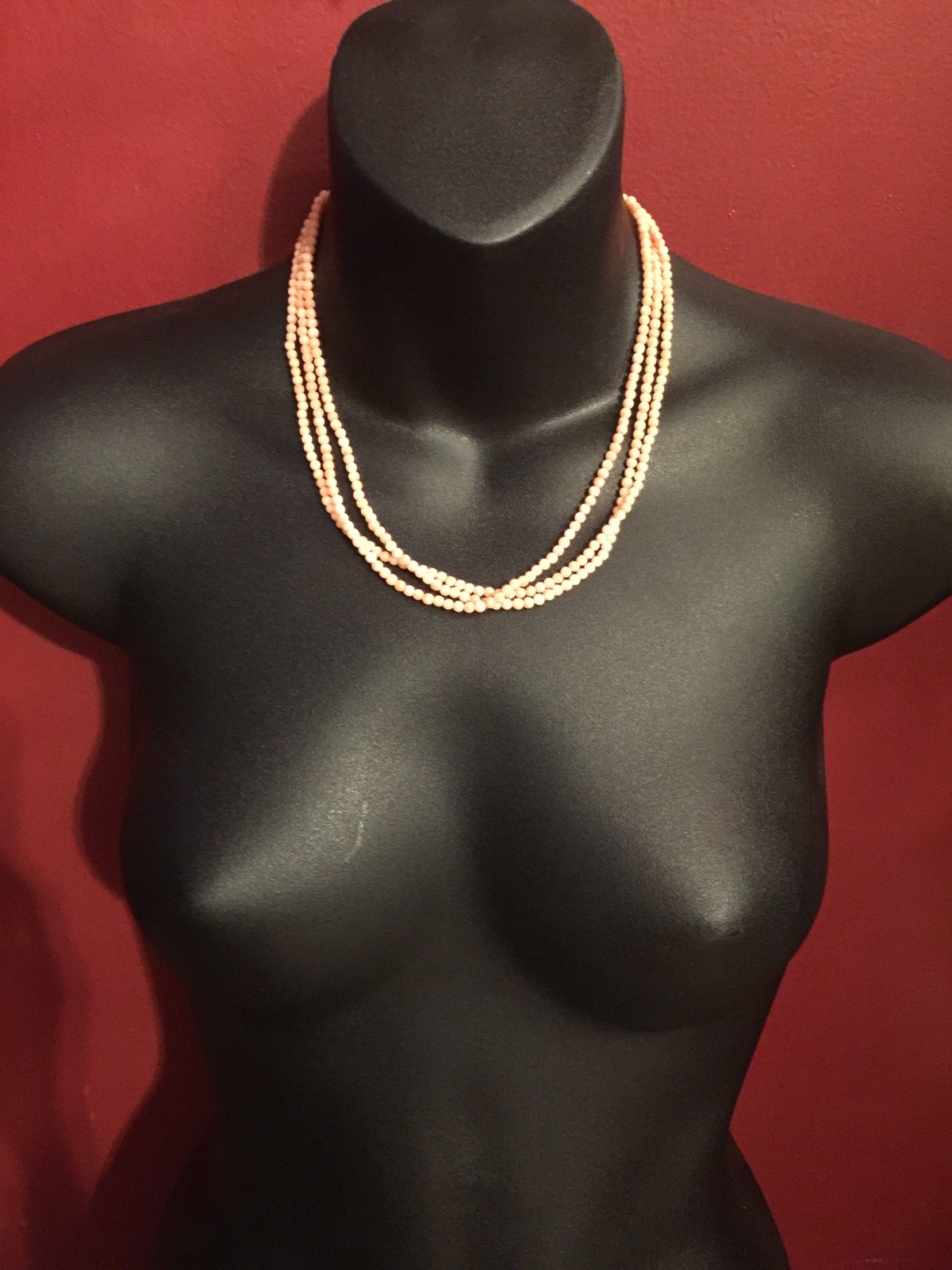 Pink CORAL Triple Strand String 3mm Bead 14k yellow Gold Necklace