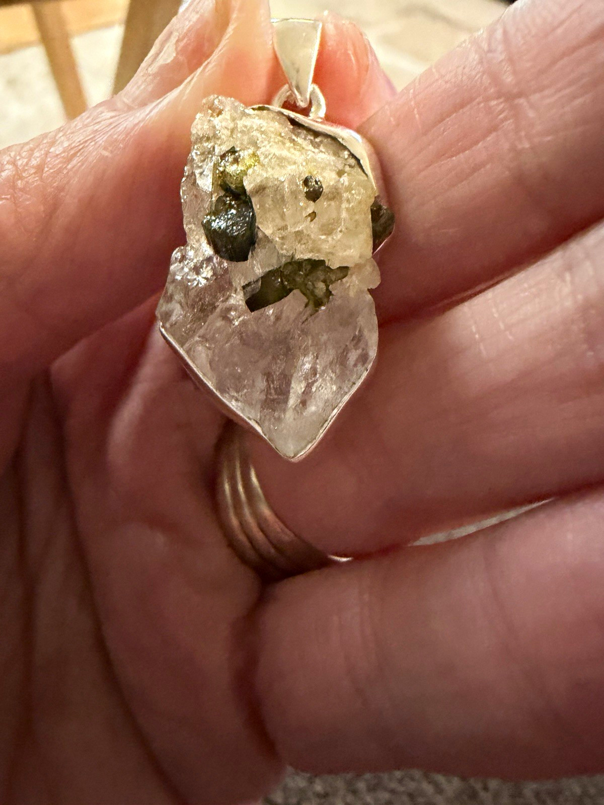 925 Sterling Silver Clear Quartz and tourmaline Bezel Set Signed Pendant