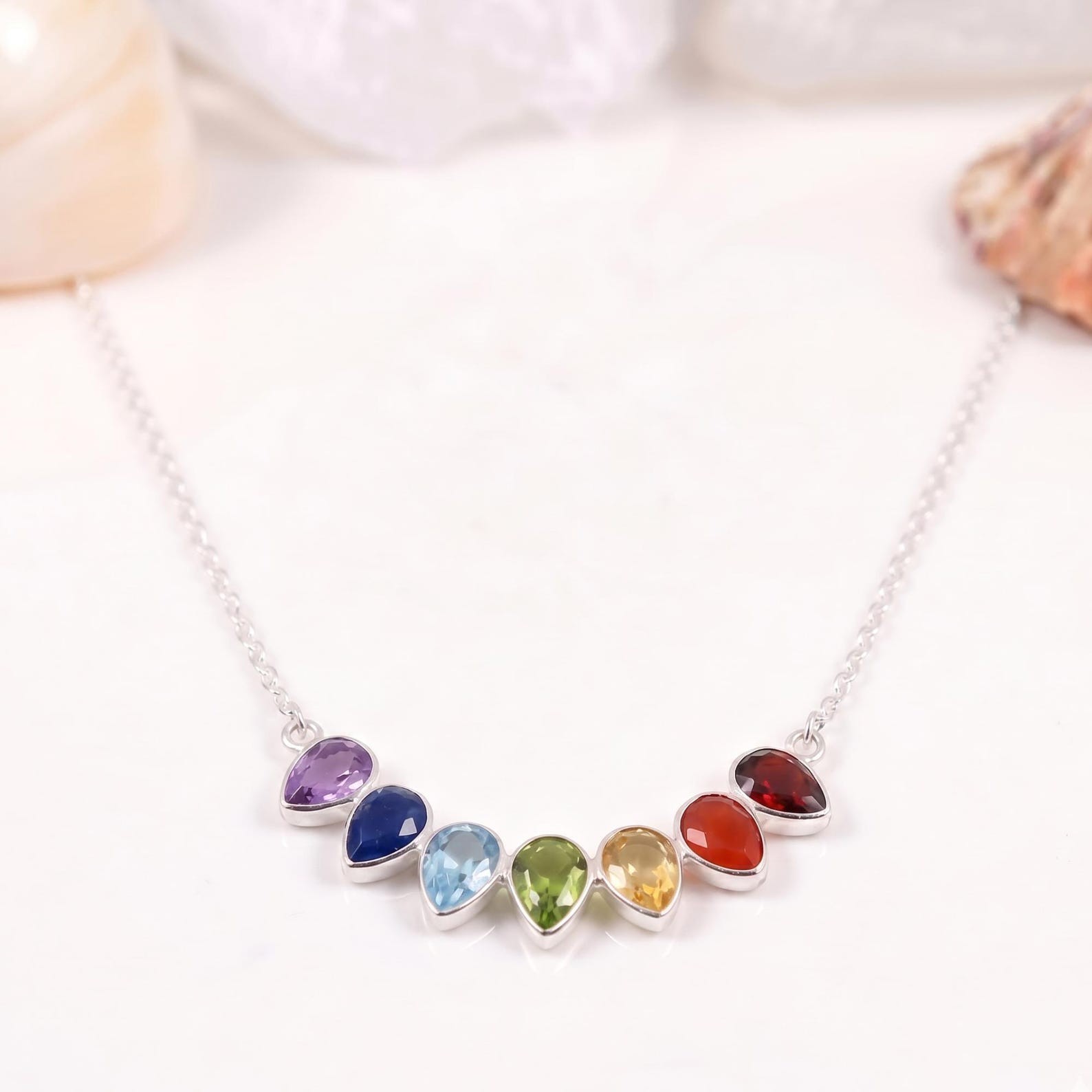 Multi Color Rainbow Gemstone Pendant 925 Sterling Silver Chain Necklace Jewelry