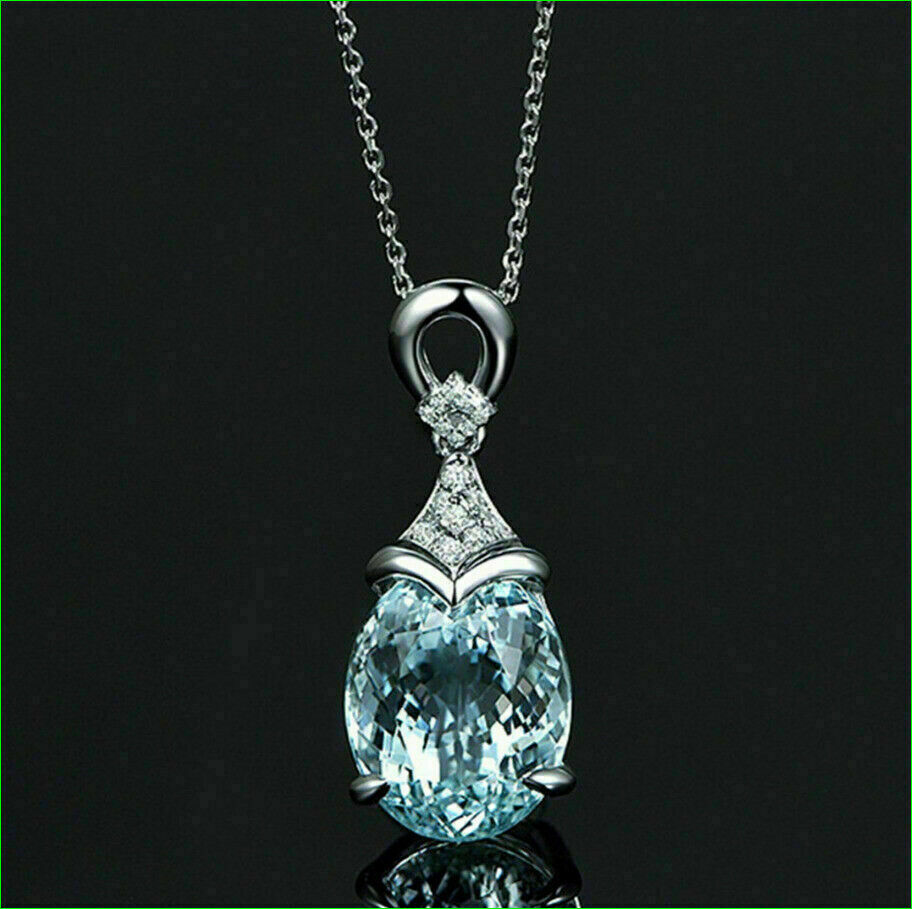 3Ct Oval Cut Lab Created Aquamarine Women’s Pendant Charm 14K White Gold Plated