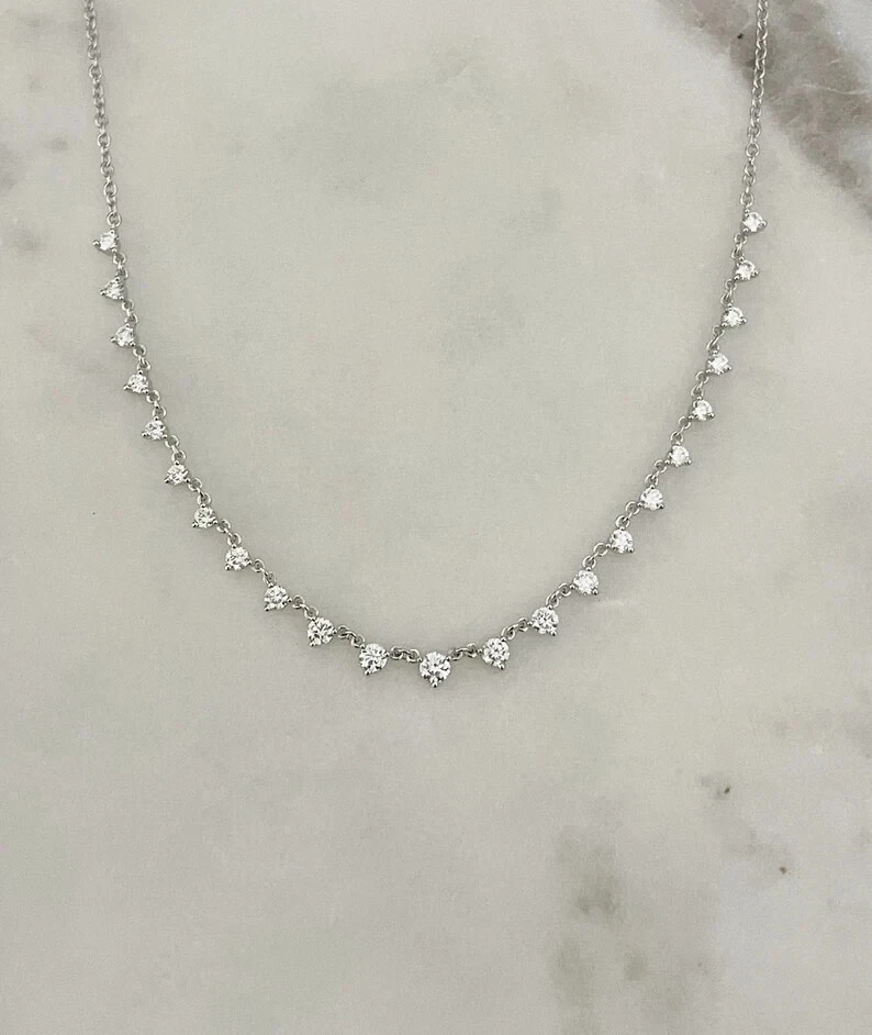 100% Natural Diamond 1.00Ct Station By The Yard Necklace 18Inch 14k Gold GH/SI