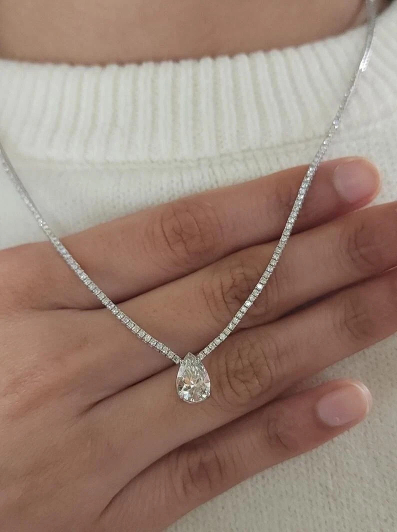 7.00Ct Teardrop Lab Created Diamond Tennis Necklace 16In 14K White Gold Plated