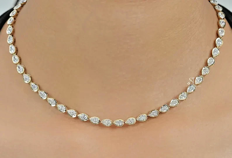 15.00 Ctw Pear Lab Created Diamond Bezel Tennis Necklace 14k Yellow Gold Plated