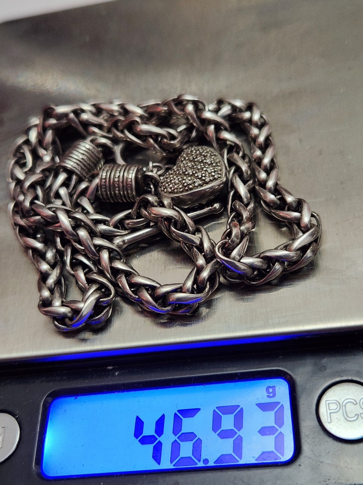 HEAVY 46.93g Sterling Silver THICK 18″ Wheat Chain Heart Toggle necklace CHUNKY