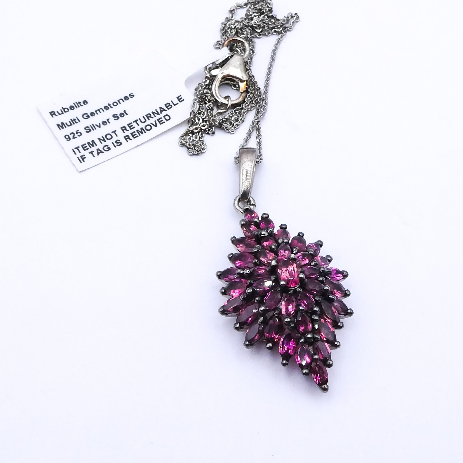 Djoy Rubelite Cluster Platinum Sterling Silver 20″ Pendant Chain Necklace