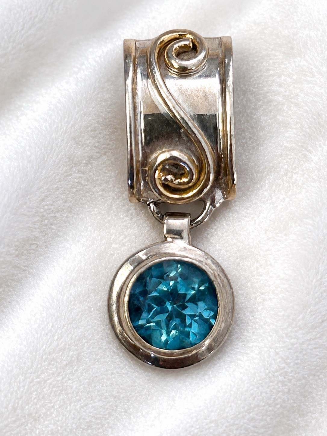 Sterling Silver Blue Topaz Pendant 925 Gold Accent Artisan Slide Pendant