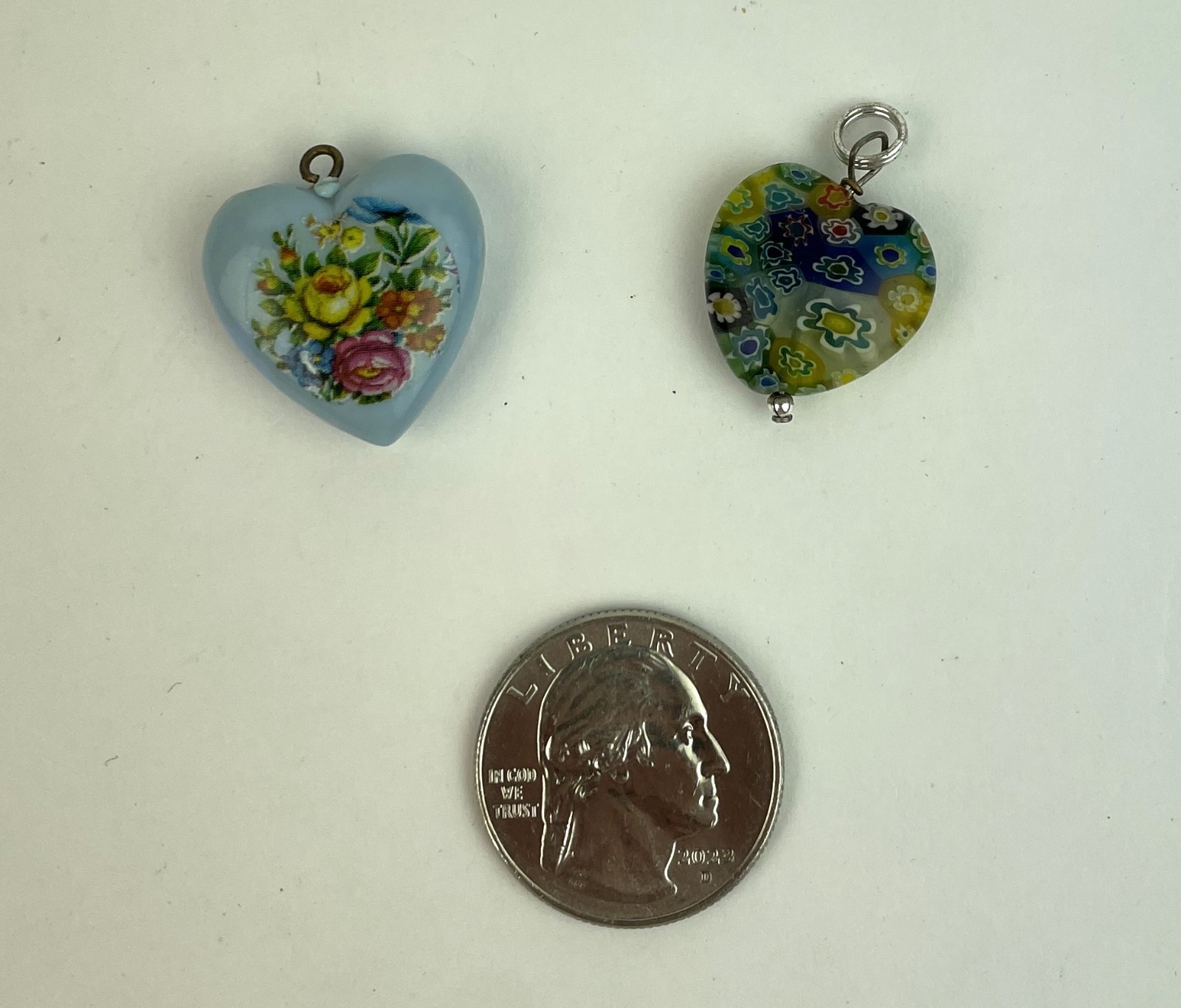 Vintage set of TWO 2 Pendants Millefiori Glass Pendant & Blue Plastic Floral