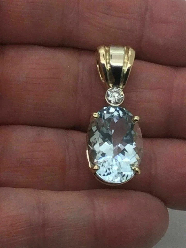 3.00 Ct Oval Cut Aquamarine & Diamond Solitaire Pendant 14K Yellow Gold Plated