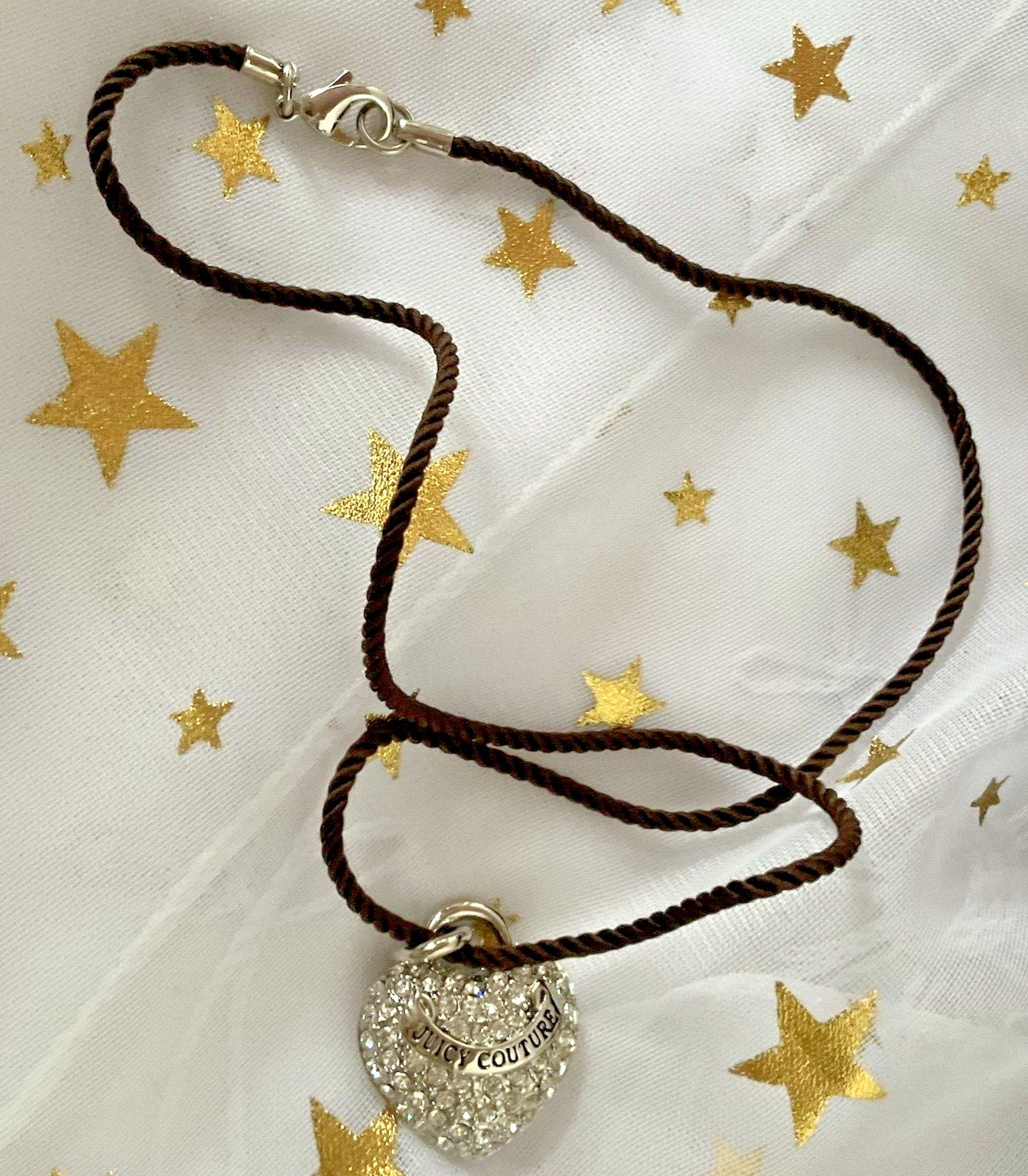 Juicy Couture Heart Pendant Necklace Brown Braided 14″ Rope Cord Pave Rhinestone