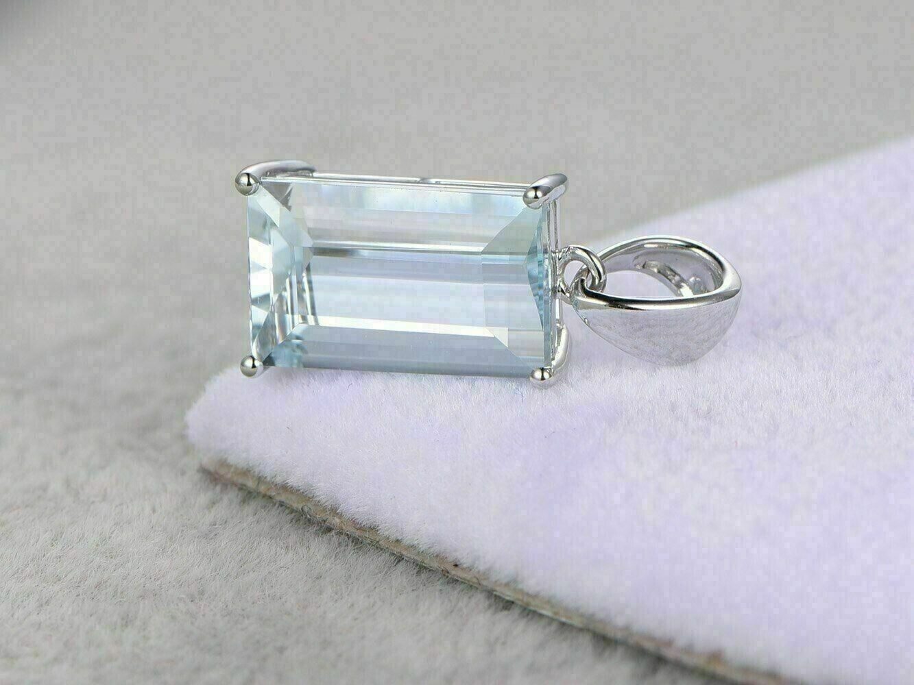 3Ct Emerald Cut Lab-Created Aquamarine Solitaire Pendant 14K White Gold Plated